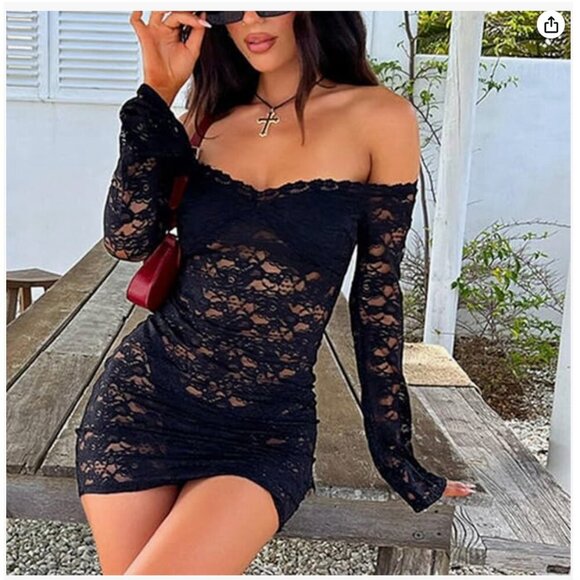 NWT Black Off the Shoulder Lace Dress Size Large - Picture 3 of 5